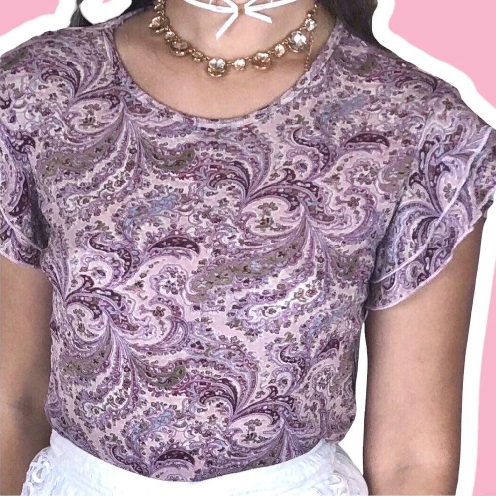 Vintage Y2K Blouse Paisley Ruffle Flutter Sleeve Burnout Semi Sheer Stretchy Top